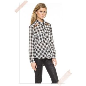 FREE PEOPLE Lace Up Cutout Plaid Gauzy Flannel Top